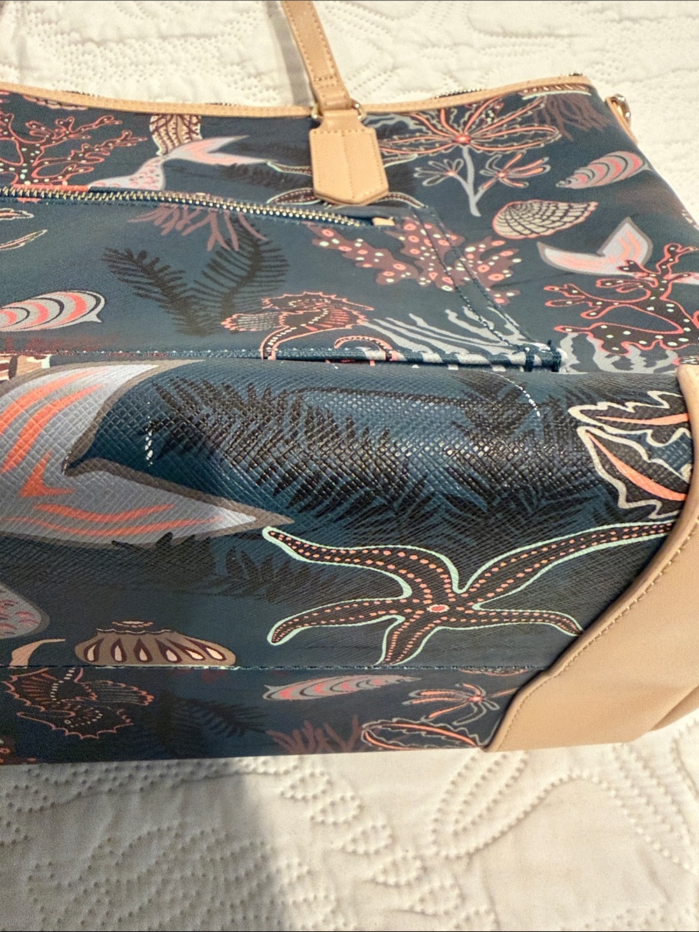 Spartina 449 Mystic Mermaid luggage laptop Tote with Tan Trim - extra large ! - Picture 8 of 9